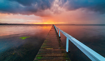 Pier Sunset, sky, nature, Pier, lake, sunset HD wallpaper