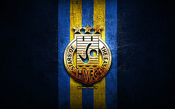 Harbour View FC, golden logo, Jamaica Premier League, blue metal background, football, jamaican football club, Harbour View logo, soccer, Harbour View HD wallpaper