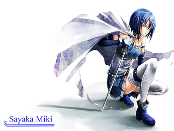 Miki Sayaka, sexy, mahou shoujo madoka magica, sword, thigh highs, hot, cute, blue hair, beautiful, beauty, blade, anime girl, pretty, weapon, short hair, stunning HD wallpaper