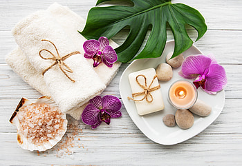 Spa - set, Candle, Salt, Stones, Flowers, Pink, Orchids HD wallpaper
