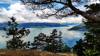 Howe Sound, British Columbia, water, reflections, landscape, clouds, trees, sky, canada HD wallpaper