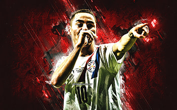 Miguel Almiron, Paraguay National Football Team, Paraguayan Footballer, Portrait, Red Stone Background, Football, Paraguay HD wallpaper