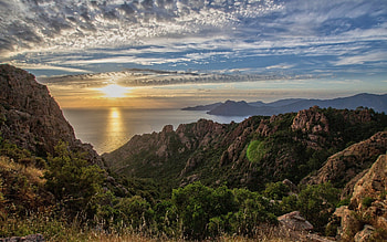 Corsica Island, Sea sunset, Mountains coast, Mediterranean sea HD wallpaper