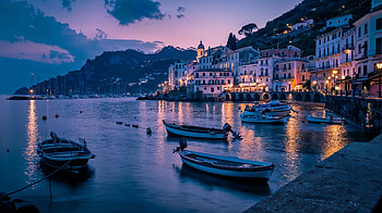 Dusk Serenity: Seaside Town and Boats in Stunning, seaside, town, boat, dusk HD wallpaper