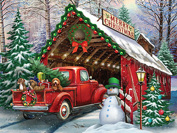 Going Through the Bridge, snowman, painting, covered bridge, christmas, snow, truck, tree HD wallpaper