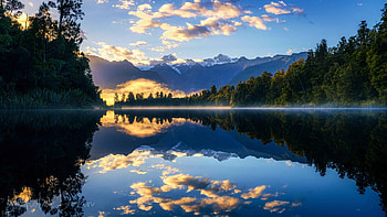 Lake Matheson, New Zealand, reflections, landscape, clouds, trees, sky, water, mountains HD wallpaper