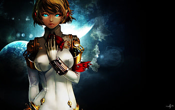 Aigis Androids Anime Girls Armbands Artwork Blondes Blue Eyes Bows Glowing Gynoid Heads Outer Space Persona 3 Series Planets Robot Girl Short Hair Soft ... HD wallpaper