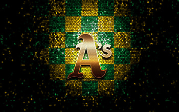 Oakland Athletics emblem, glitter logo, MLB, green yellow checkered background, american baseball team, Major League Baseball, mosaic art, baseball, Oakland Athletics HD wallpaper