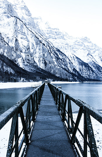 Nature, Mountains, Snow, Lake, Pier, Bridge HD phone wallpaper