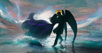 Fantasy couple, beach, summer, fantasy, couple, luminos, kiss, water, vara, silhouette, milica jevtic, angel, milyknight, cloud, wings, sea, frumusete, gorgeous, girl, lovers, superb HD wallpaper