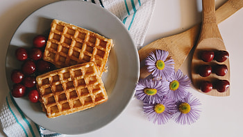 Cherry and flower waffles, Dessert delight, Artistic presentation, Sweet indulgence HD wallpaper