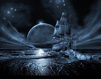 Full Moon Rising, surreal, fantasy, moon, ship, sails, water HD wallpaper