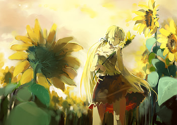 Sunflowers, sunshine, blond hair, anime, sun, female HD wallpaper