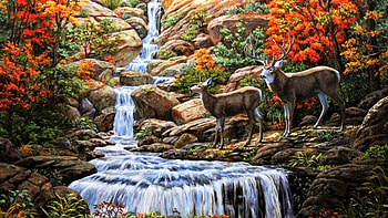 Deers near the waterfall, waterfall, digital art, art, deer HD wallpaper