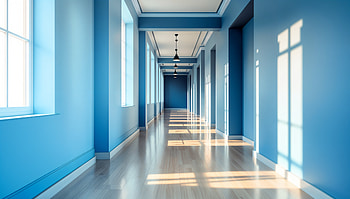 Hallway with Sunlit Blue Walls, hall, sunlight, modern interior HD wallpaper