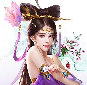 Oriental beauty, white, frumusete, asian, girl, hand, pink, fantasy, flower, luminos, fan xiu HD wallpaper