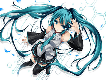 Hatsune Miku, awesome, nice, petals, hatsune, aqua eyes, sexy, white, twintail, hot, girl, singer, aqua, anime, pretty, virtual, blue, black, song, cute, vocaloid, beauty, miku, music, vocaloids, thighhighs, program, skirt, beautiful, diva, tie, aqua hair, cool, idol HD wallpaper