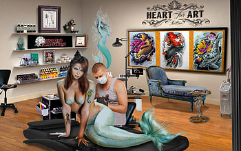 Mermaid getting Tattoo, digital, mermaid, lamamake, art, fantasy, , tattoo, girl HD wallpaper