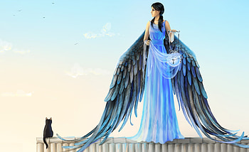 Art, Cat, Lamp, Girl, Wings, Roof, Angel HD wallpaper