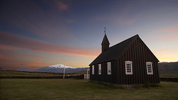 lovely church in iceland, mountains, church, plains, sunset HD wallpaper