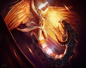 Fight To The Death, dragon, angel, sword, fire HD wallpaper