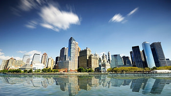 sunny day in new york city, river, skyscrapers, reflection, city, sky HD wallpaper