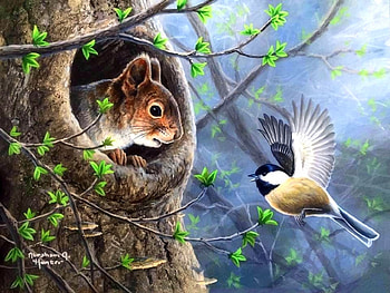 Green Buds of Spring, love four seasons, buds, bird, animals, paintings, spring, squirrel HD wallpaper