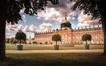 Sanssouci, Potsdam, evening, sunset, Sanssouci Park, Sanssouci Palace, New Palace, Germany HD wallpaper