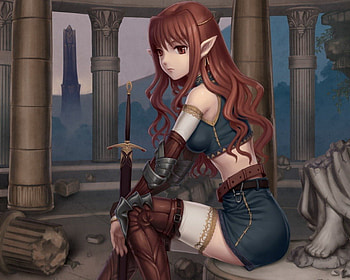 Elf Warrior, cute, knight, pillars, long hair, scenery, 3d, cg, scenic, warrior, female, brown eyes, sexy, scene, sword, hot, girl, elf, armor, blade, anime girl, anime, brown hair, weapon, fighter, realistic HD wallpaper