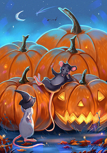 Art, Halloween, Mice, Night, Pumpkin HD phone wallpaper