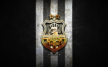 ES Setif, golden logo, Algerian Ligue Professionnelle 1, black metal background, football, Algerian football club, ES Setif logo, soccer HD wallpaper