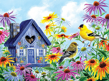 Summer house, art, abraham hunter, bird, house, summer, painting, pictura, flower, pasari, vara HD wallpaper