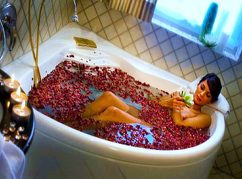 Day's end, relaxing, bath, flower petals, candles, woman HD wallpaper