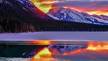 Bow Valley Wildland Provincial Park, Alberta, winter, snow, colors, landscape, sky, mountains, canada, sunset, clouds HD wallpaper