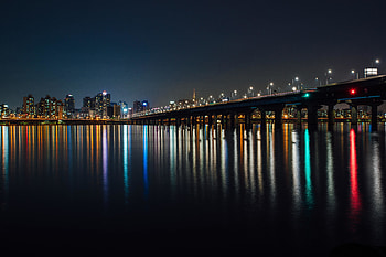 Bridge, cityscape, lights, night HD wallpaper