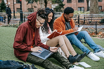 Three diverse students studying with laptops and books in a park. HD wallpaper