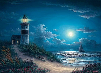 Night Watching, oceans, beaches, attractions in dreams, lighthouses, paintings, coastal, summer, love four seasons, moonlight, nature, moons HD wallpaper