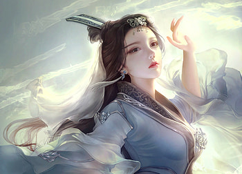 Samurai girl, blue, frumusete, asian, art, dacongjun, girl, fantasy, samurai, luminos, da congjun HD wallpaper