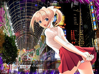Shopping Time ♫♪, night, supermarket, town, cute, long hair, dress, scenery, scenic, stall, blonde hair, female, sexy, skirt, scene, city, house, hot, girl, anime girl, shop, anime, light, building HD wallpaper
