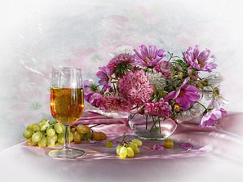 flowers and wine, still life, flowers, abstract, wine HD wallpaper