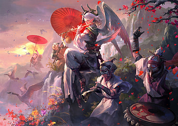 Angel's sunset song, flute, fantasy, art, red, parasol, luminos, yang heng, sunset HD wallpaper