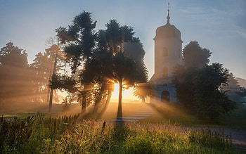Church in Latvia, sunbeams, trees, Latvia, church HD wallpaper
