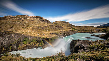 Salto Grande waterfall in Torres del Paine NP, Chile, river, clouds, landscape, sky, cascade, rocks, mountains HD wallpaper