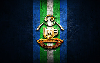 Montego Bay United FC, golden logo, Jamaica Premier League, blue metal background, football, jamaican football club, Montego Bay United logo, soccer, Montego Bay United HD wallpaper