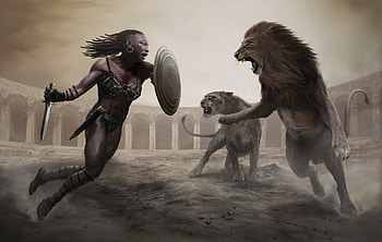Colosseum, nex, fantasy, art, girl, nead, lion, animal, leu, dark HD wallpaper