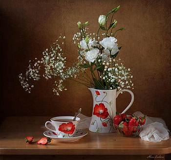 Still Life, white, tea, vase, lace, cup, jur, nature, flowers, spoon HD wallpaper