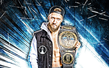 Mark Andrews, grunge art, welsh wrestler, WWE, wrestling, Mark Andrews with belt, blue abstract rays, wrestlers, Mark Andrews HD wallpaper