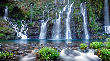 Reunion Island, Langer river falls, Rocky mountains, Indian ocean HD wallpaper