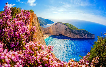 Zakynthos, island, sea, coast, Greece, paradise, beautiful, rocks, summer, view, flowers, sky, travel HD wallpaper