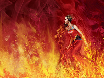 Firewoman, fire, woman, red, yellow HD wallpaper